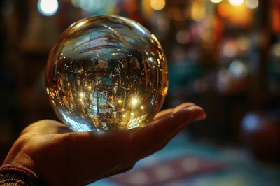Crystal Ball Held In Hand Reflecting City Lights