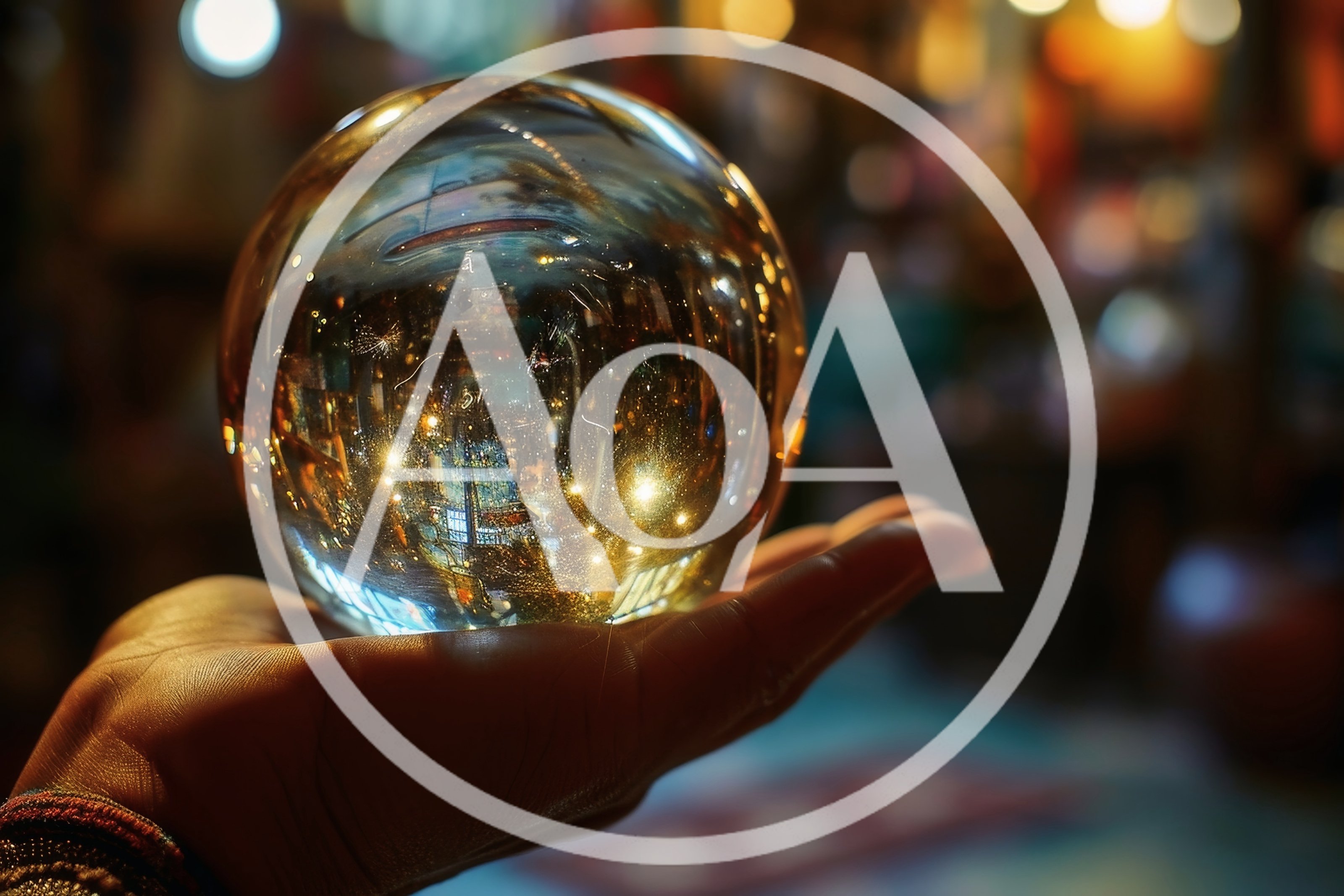 Crystal Ball Held In Hand Reflecting City Lights