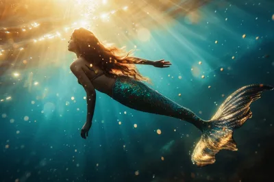 Mermaid Swimming Underwater In Sunlit Ocean Waters