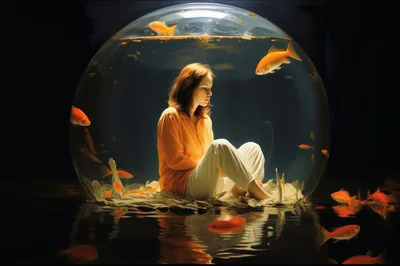 Woman Sitting Inside A Large Glass Fishbowl