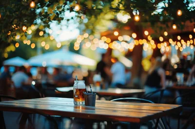 Beer Mug On Outdoor Restaurant Table At Sunset