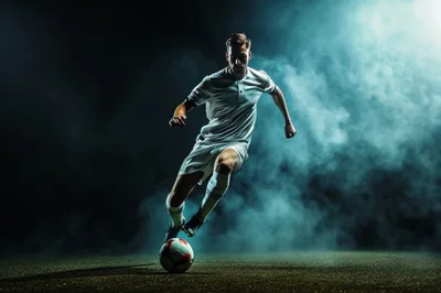 Professional Soccer Player Dribbling Ball In Smoky Arena