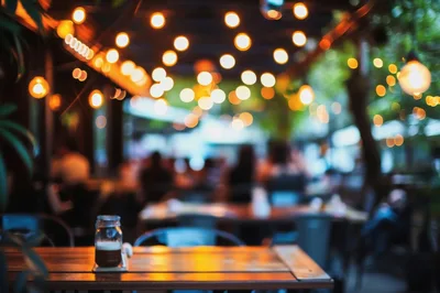 Coffee Drink on Outdoor Restaurant Table at Night