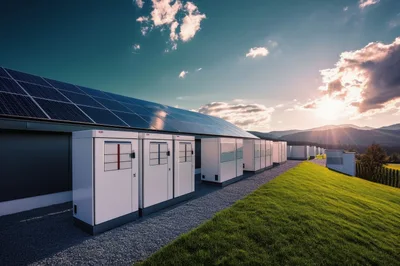 Industrial Solar Energy Storage Units At Sunset