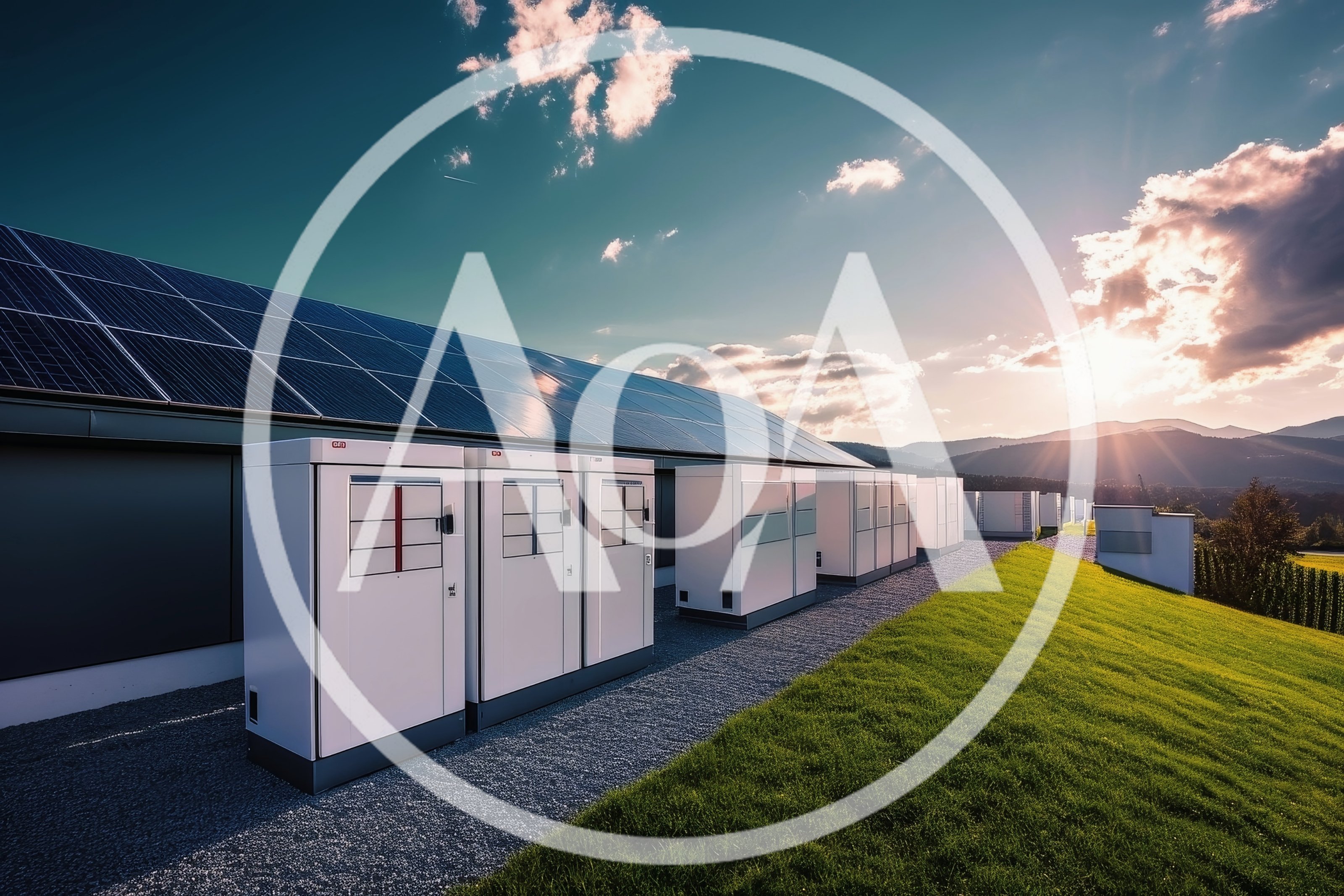 Industrial Solar Energy Storage Units At Sunset