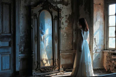 Woman In White Dress Standing Before Antique Mirror
