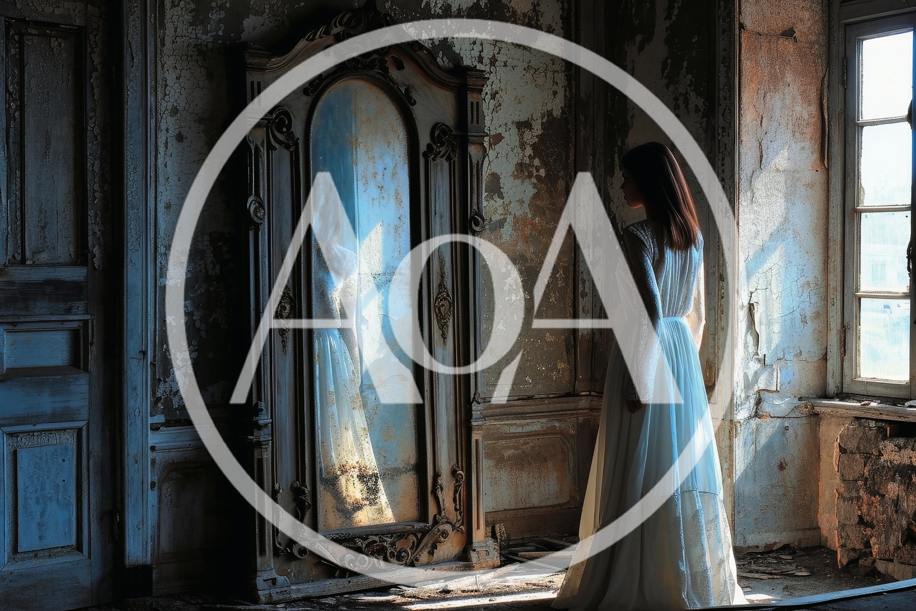 Woman In White Dress Standing Before Antique Mirror