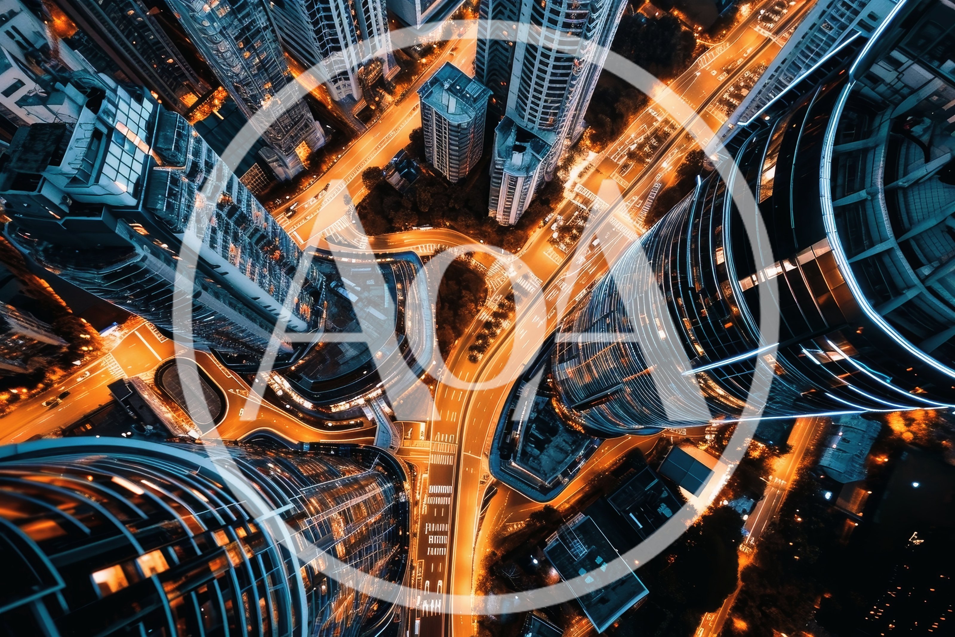 Aerial View Of Modern City Skyscrapers At Night