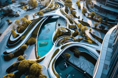 Aerial View Of Modern Futuristic Urban Landscape Park