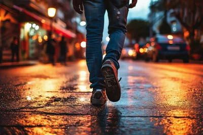 Person Walking Down A Wet City Street At Night