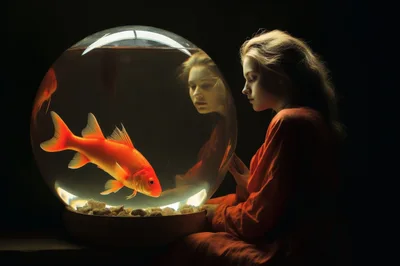 Young Woman Gazing At A Large Goldfish In A Bowl