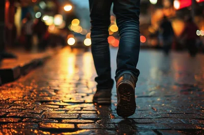 Person Walking On Wet Cobblestone Street At Night