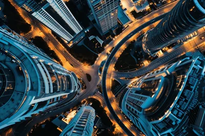 Aerial View Of Modern City Skyscrapers At Night