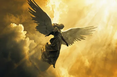 Ethereal Angel Soaring Through Golden Celestial Clouds