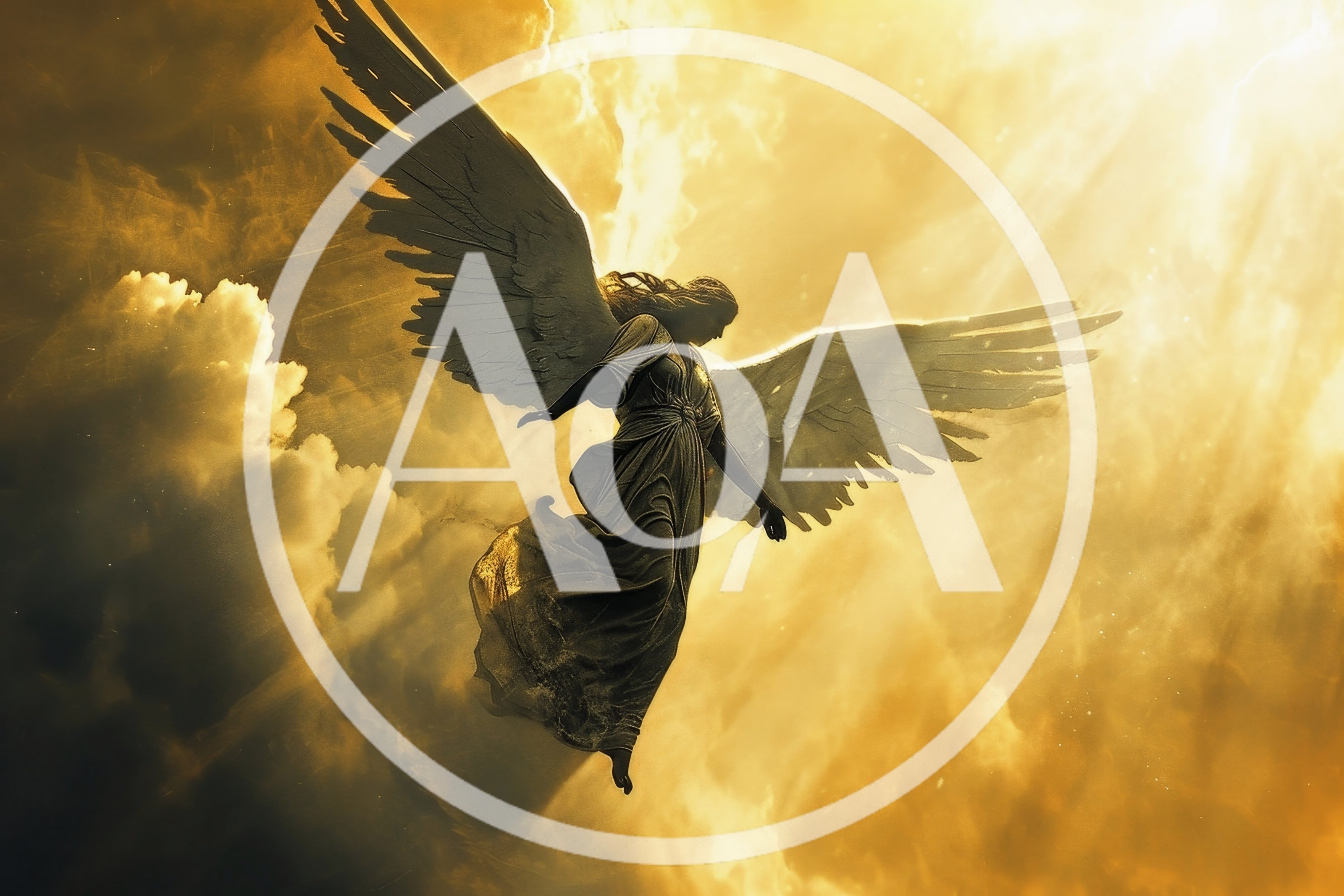 Ethereal Angel Soaring Through Golden Celestial Clouds