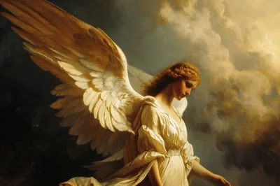 Ethereal Angel Figure With Large Wings In Golden Light
