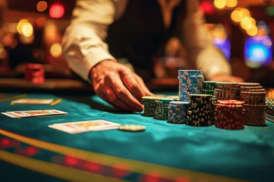 Casino Dealer Handling Poker Chips At A Gaming Table