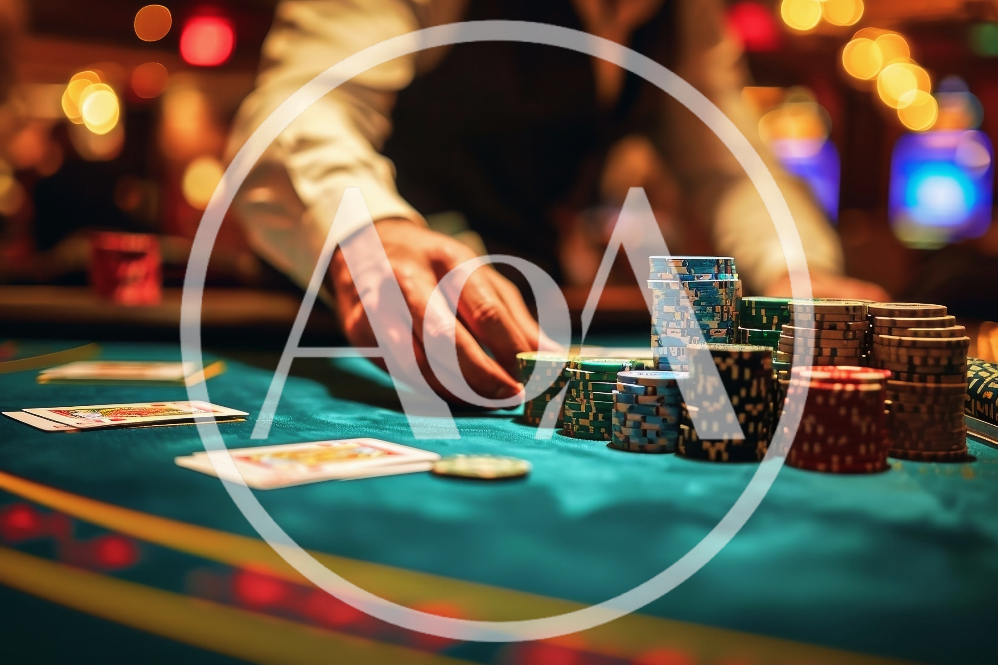 Casino Dealer Handling Poker Chips At A Gaming Table