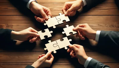 Business Team Connecting Puzzle Pieces On Wooden Table