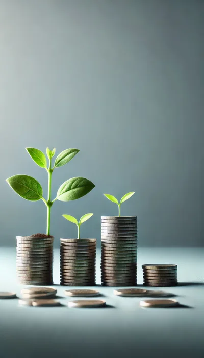 Small Green Plants Growing From Stacks Of Silver Coins