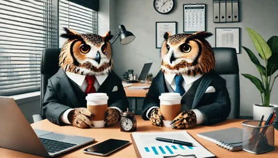 Two Business Owls Having Coffee In An Office