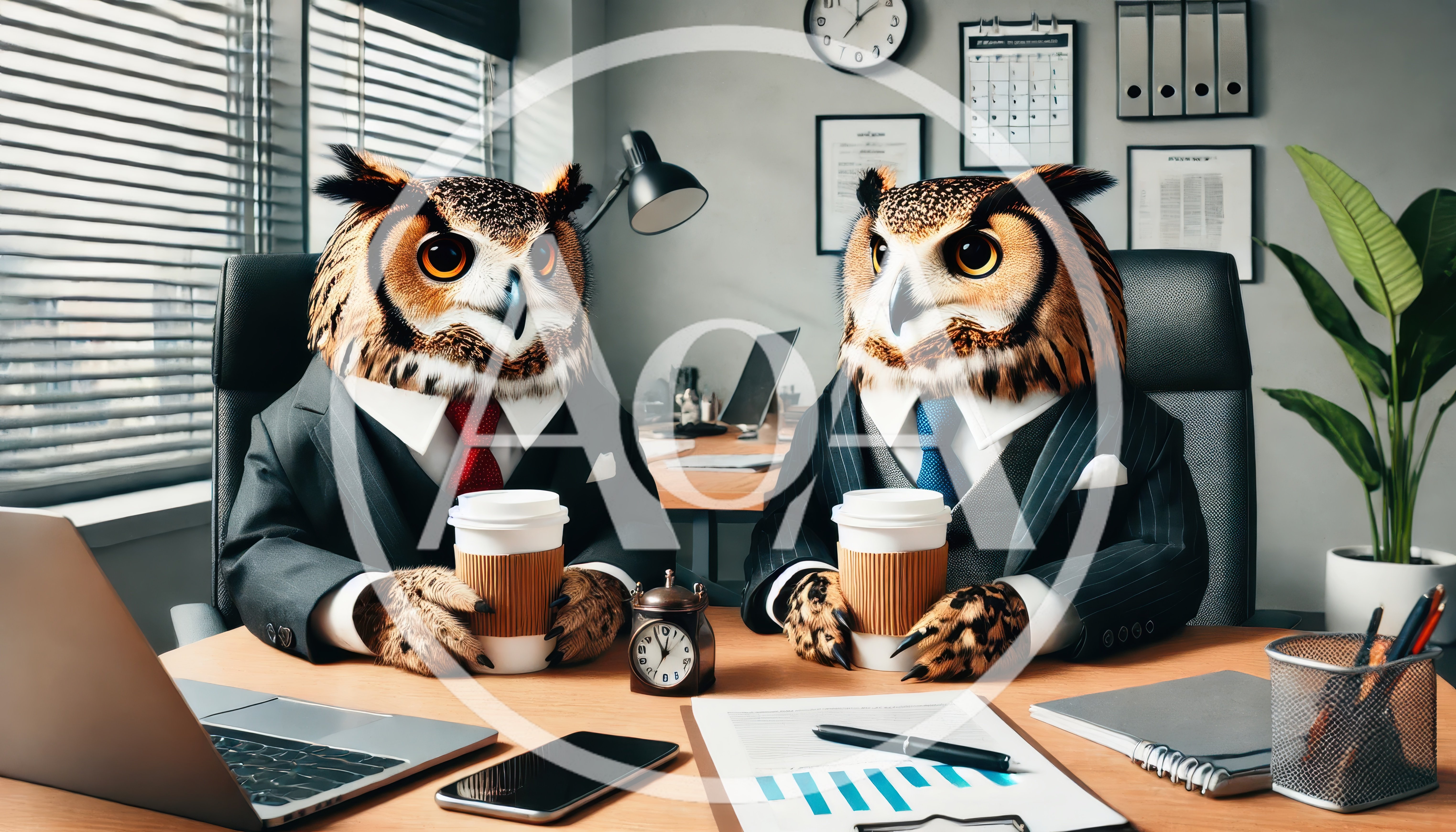 Two Business Owls Having Coffee In An Office