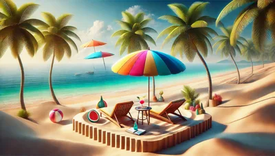 Two Beach Lounge Chairs Under A Colorful Umbrella