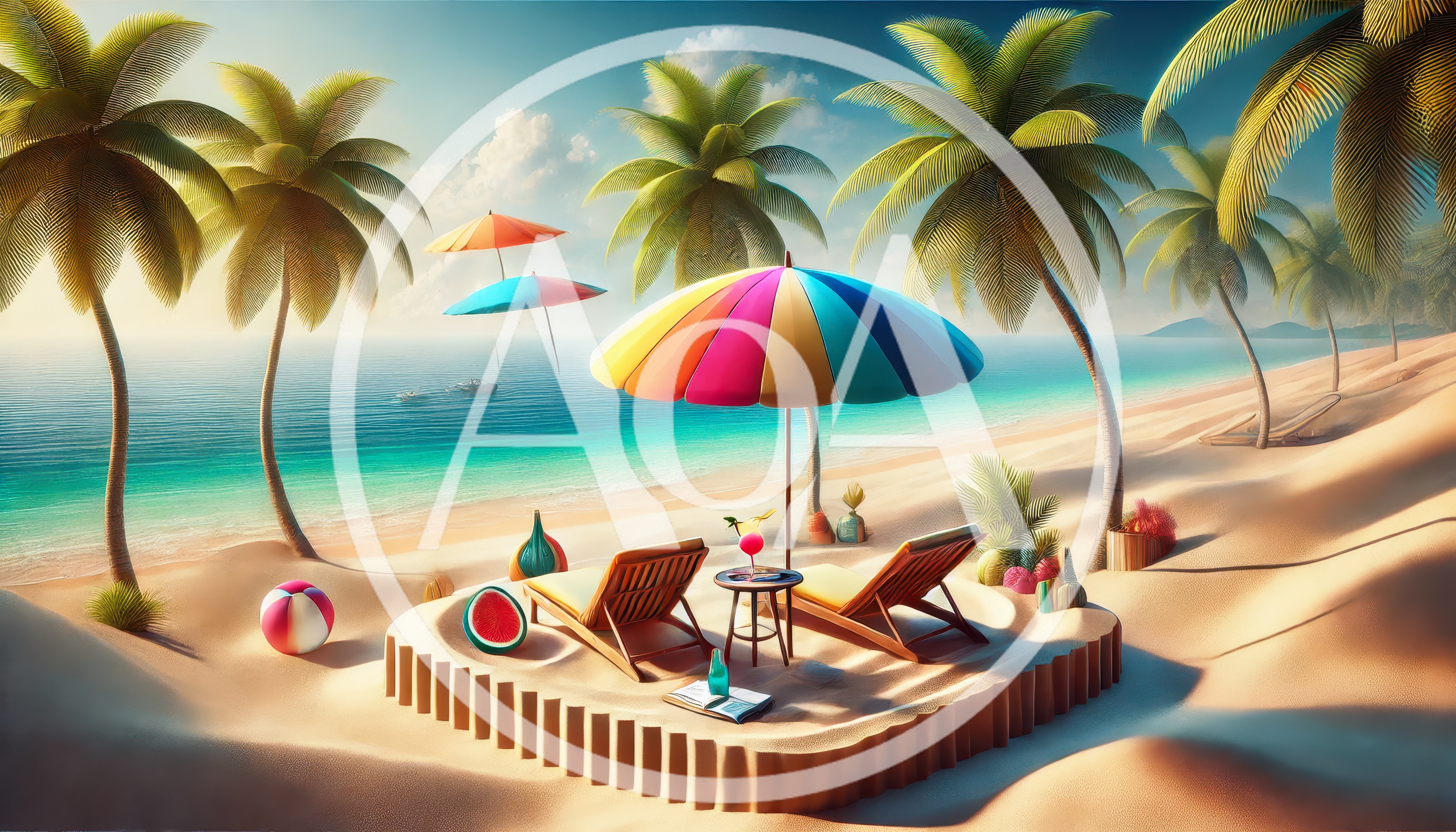 Two Beach Lounge Chairs Under A Colorful Umbrella