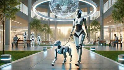 Futuristic Humanoid Robot Walking Robotic Dog In Modern Atrium