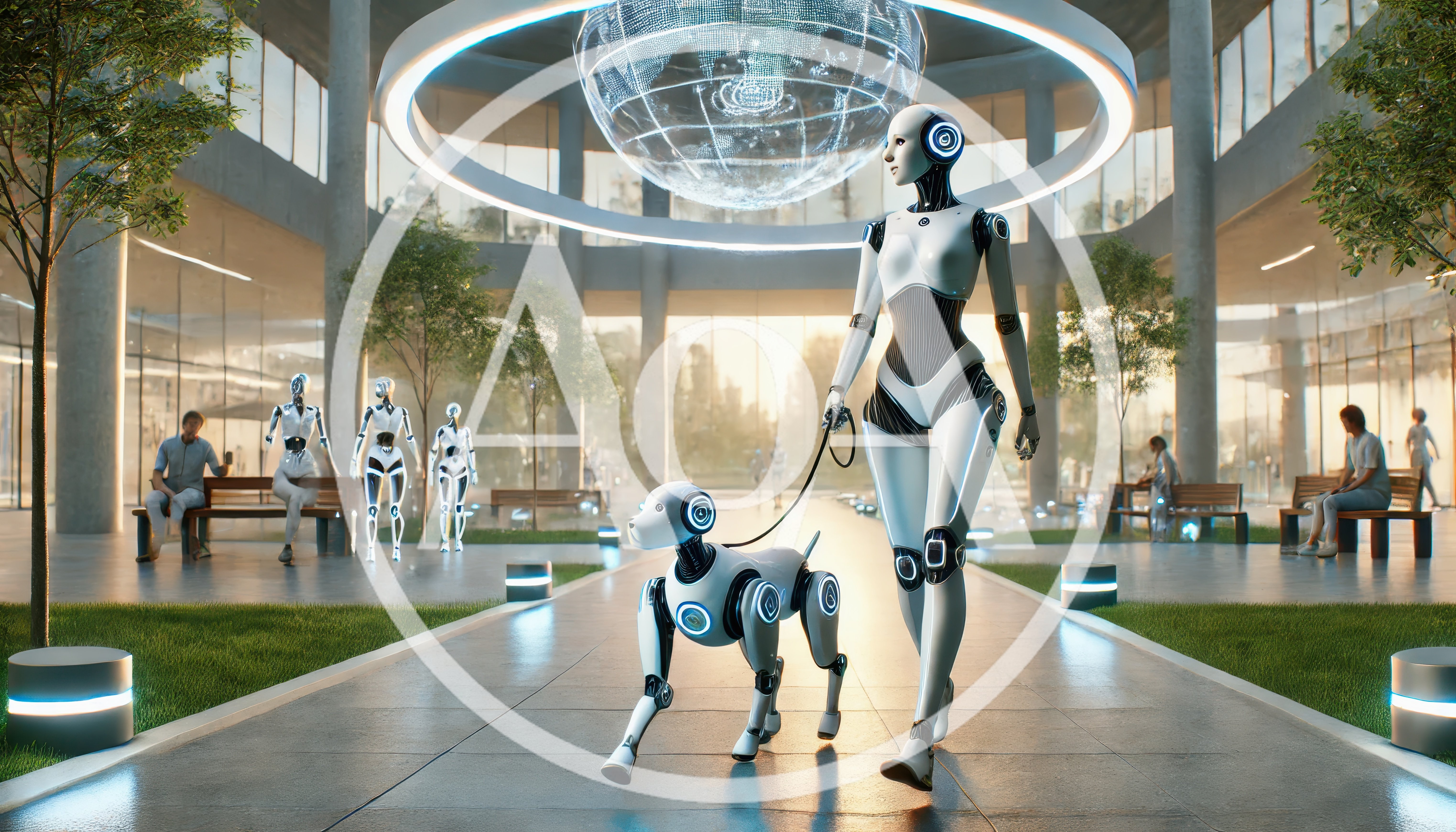Futuristic Humanoid Robot Walking Robotic Dog In Modern Atrium