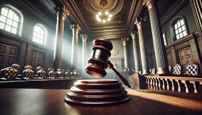 Wooden Judge Gavel Resting On Courtroom Bench