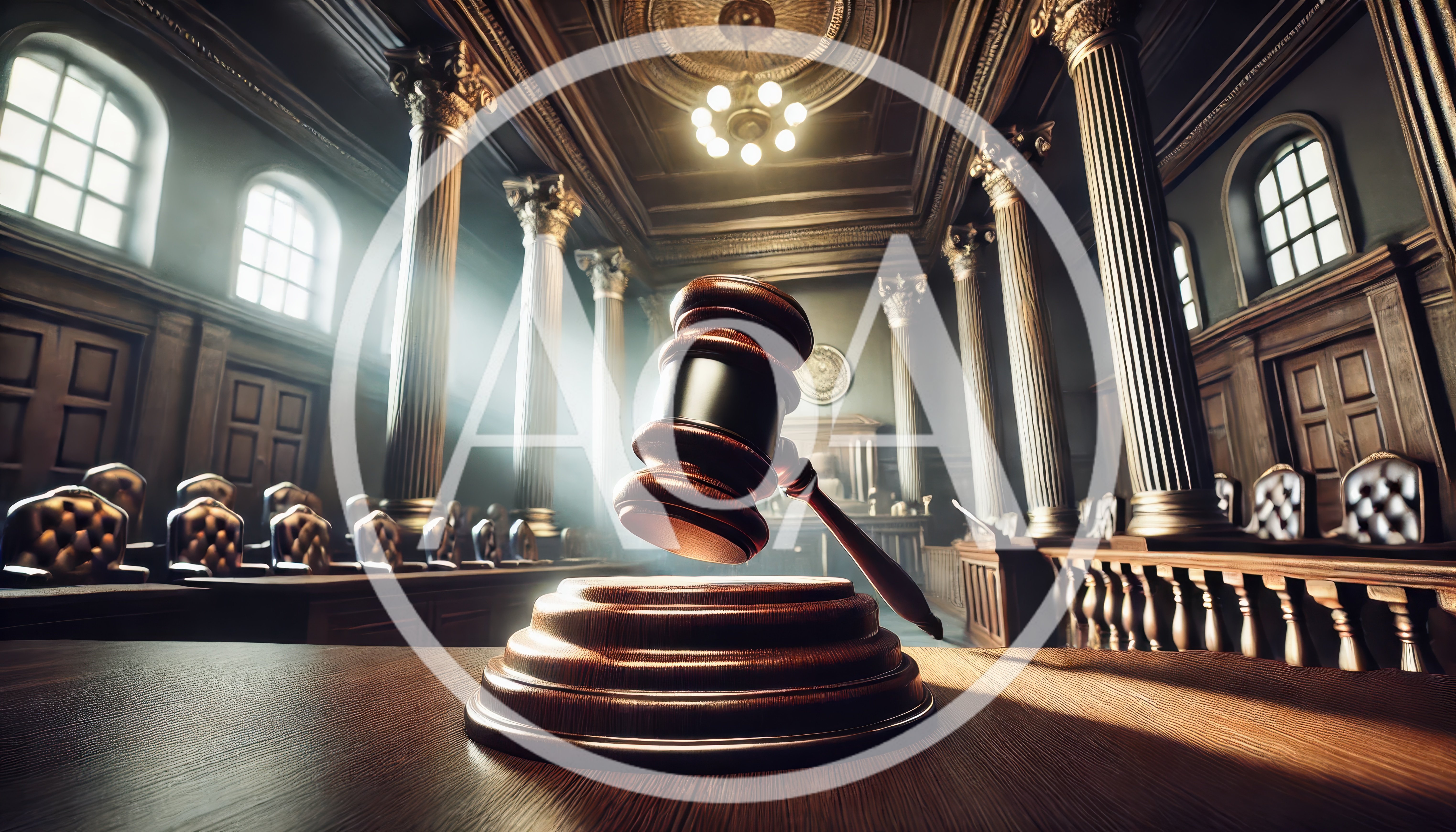Wooden Judge Gavel Resting On Courtroom Bench