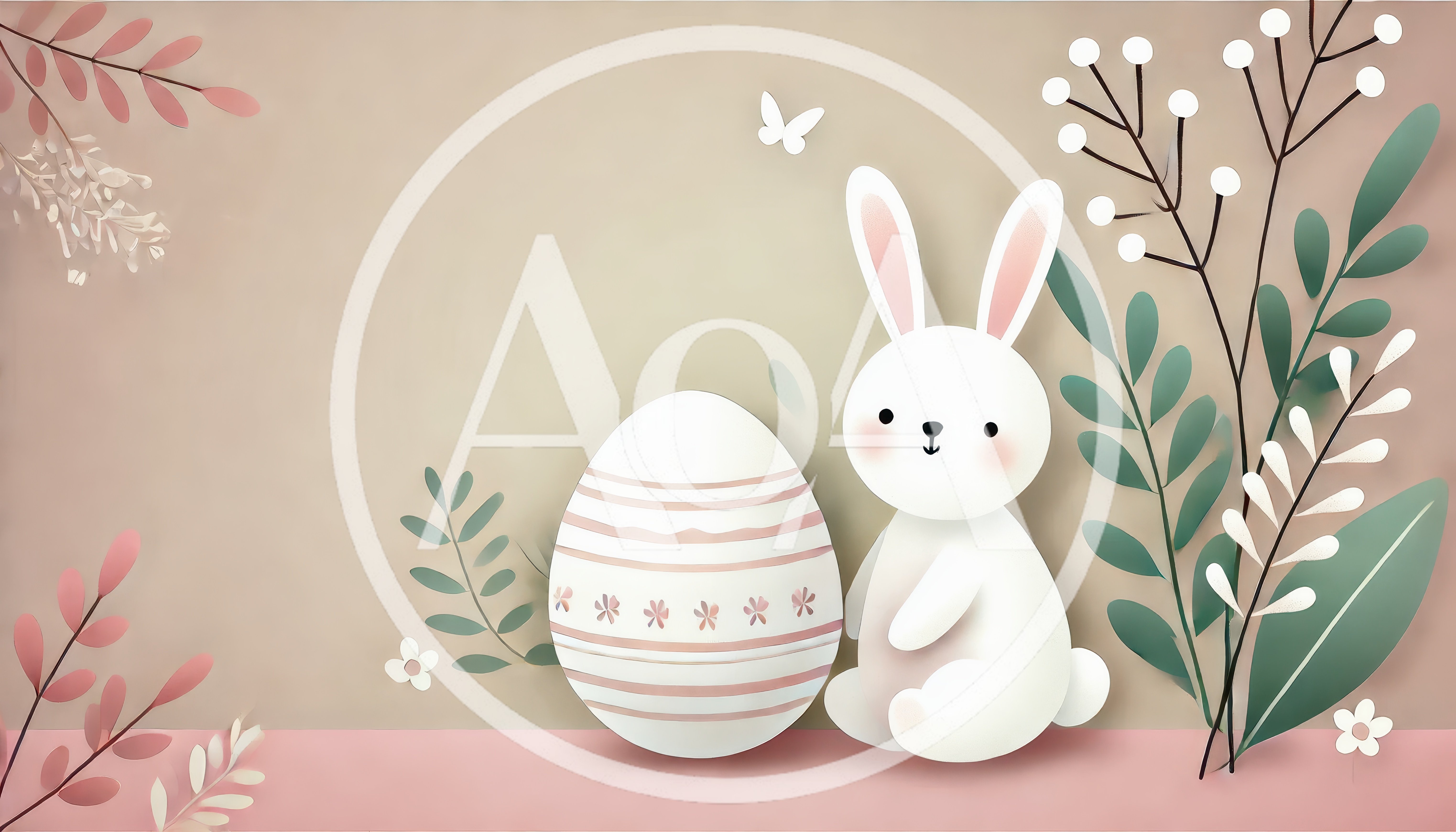 Cute Easter Bunny With Decorated Egg And Floral Elements