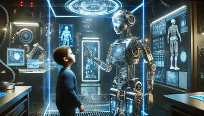 Young Boy Interacting With Advanced Humanoid Robot