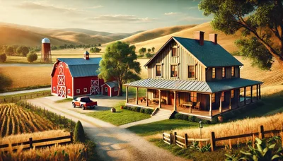 Rural Farmhouse With Red Barn And Rolling Hills