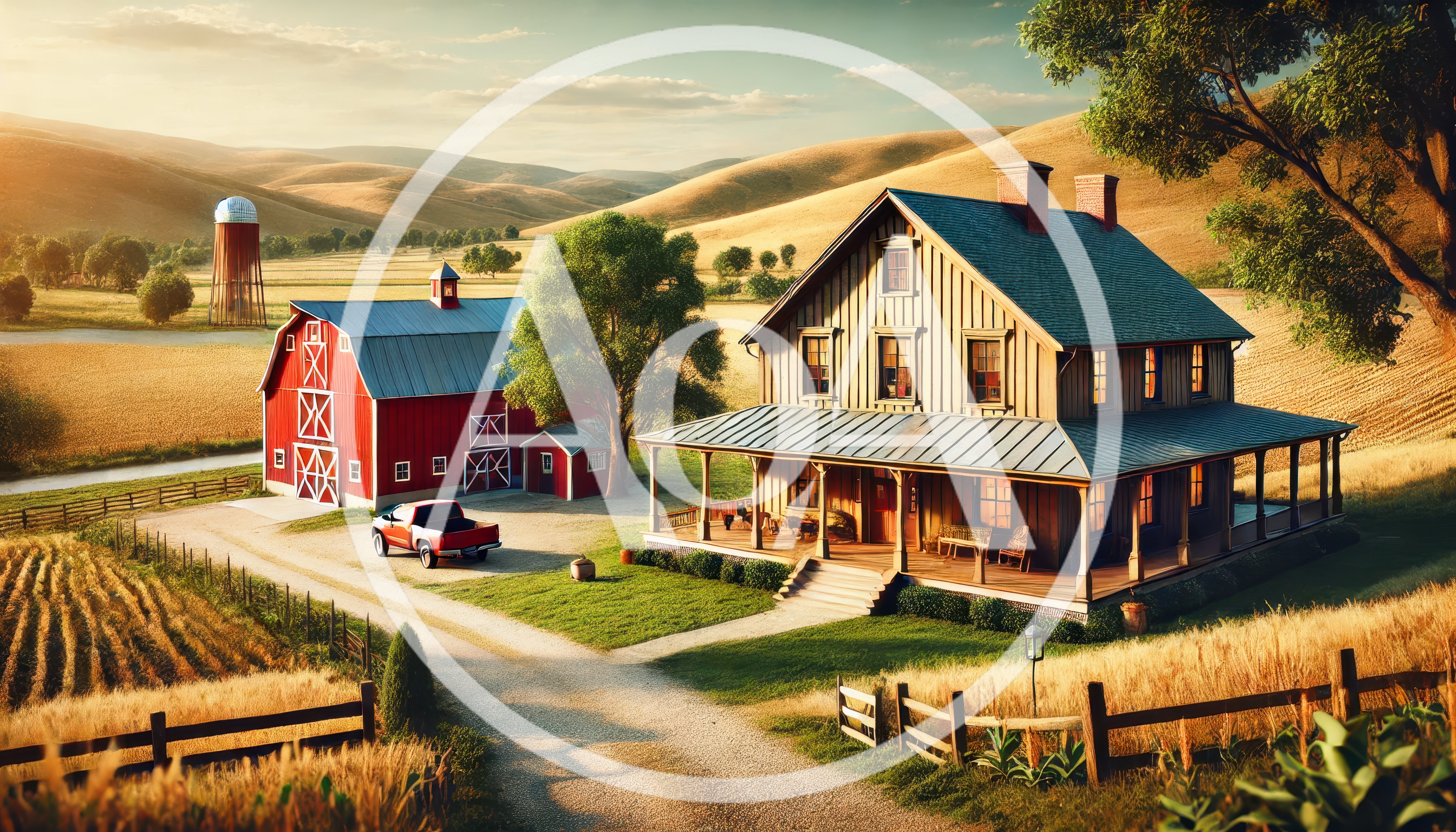 Rural Farmhouse With Red Barn And Rolling Hills