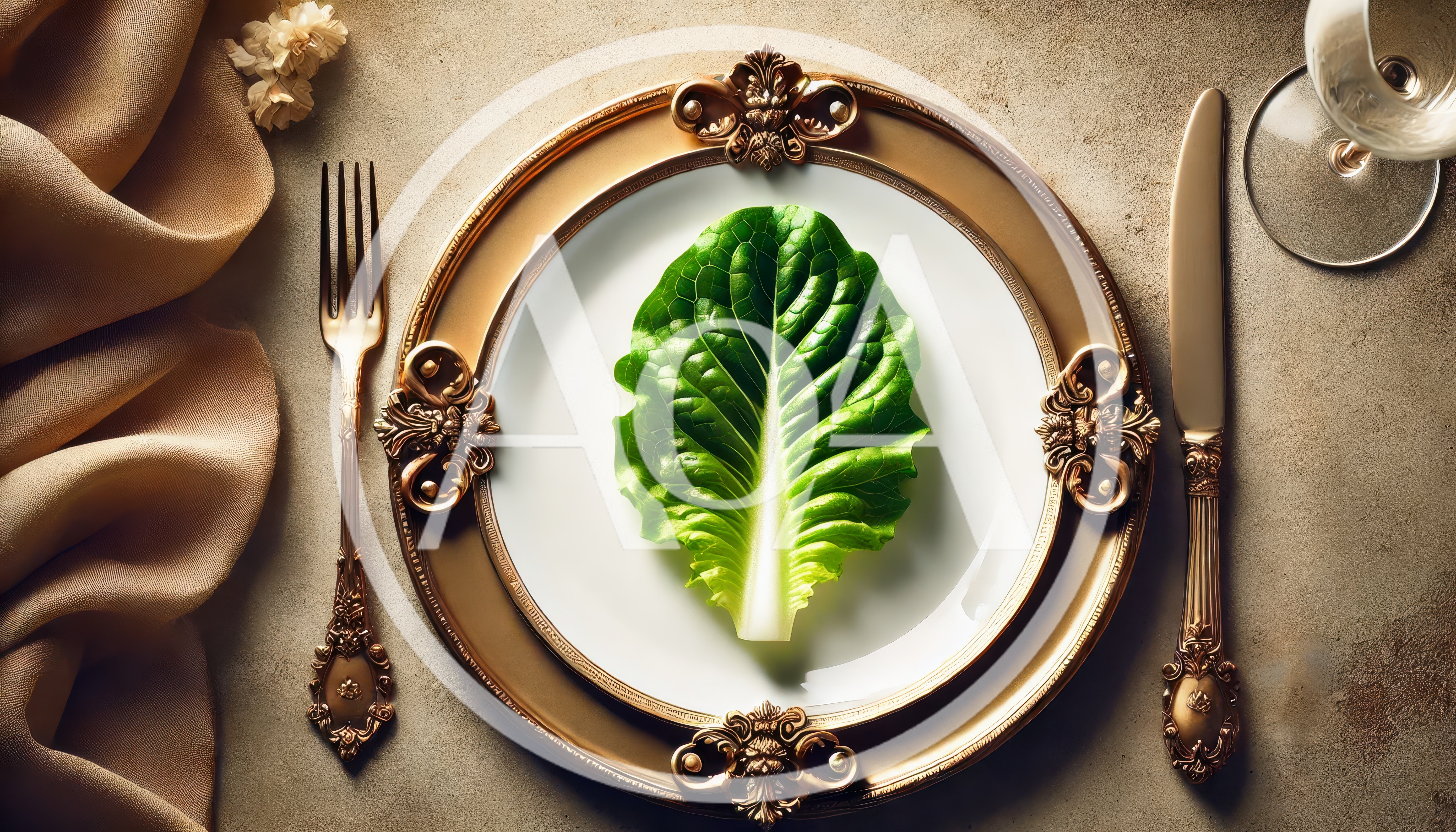 Single Lettuce Leaf on Ornate Gold Plate