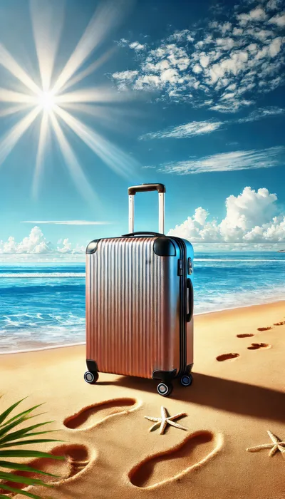 Modern Suitcase Standing on a Sunny Tropical Beach