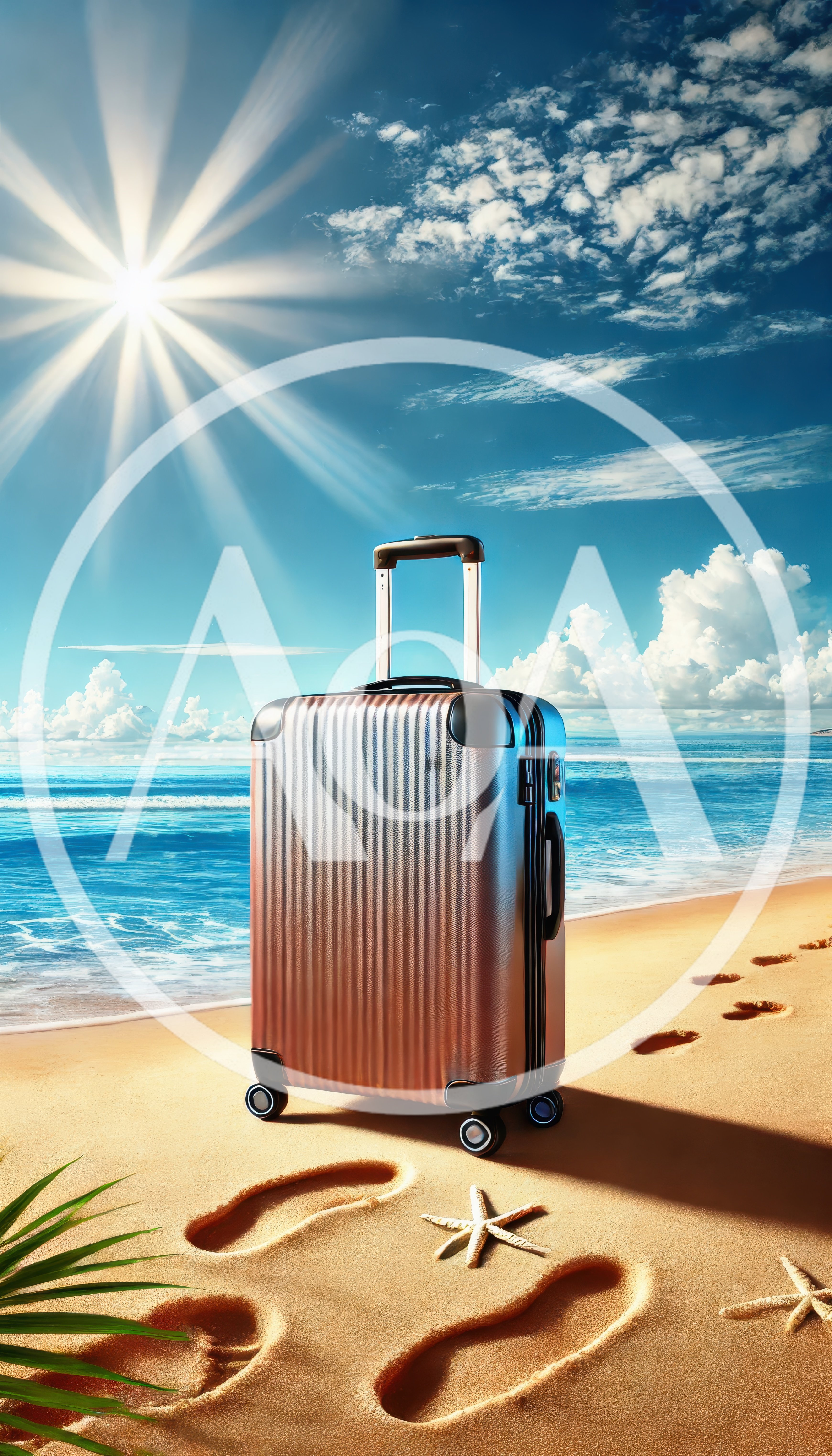 Modern Suitcase Standing on a Sunny Tropical Beach