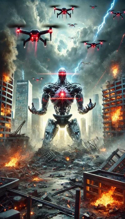 Giant Robotic Overlord Commanding Drone Swarm In Ruined City