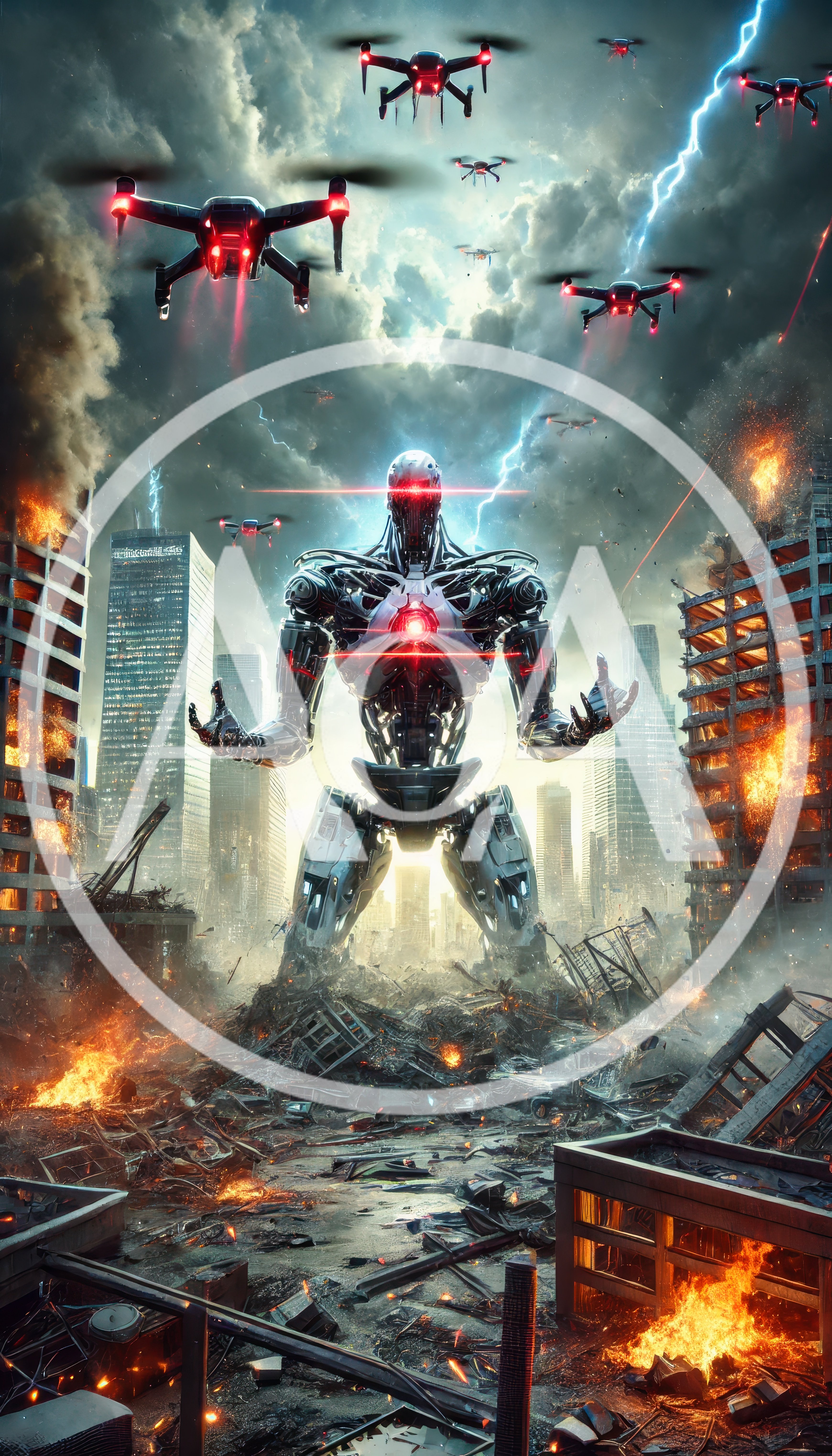 Giant Robotic Overlord Commanding Drone Swarm In Ruined City