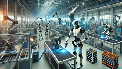 Humanoid Robots Working In Automated Industrial Factory