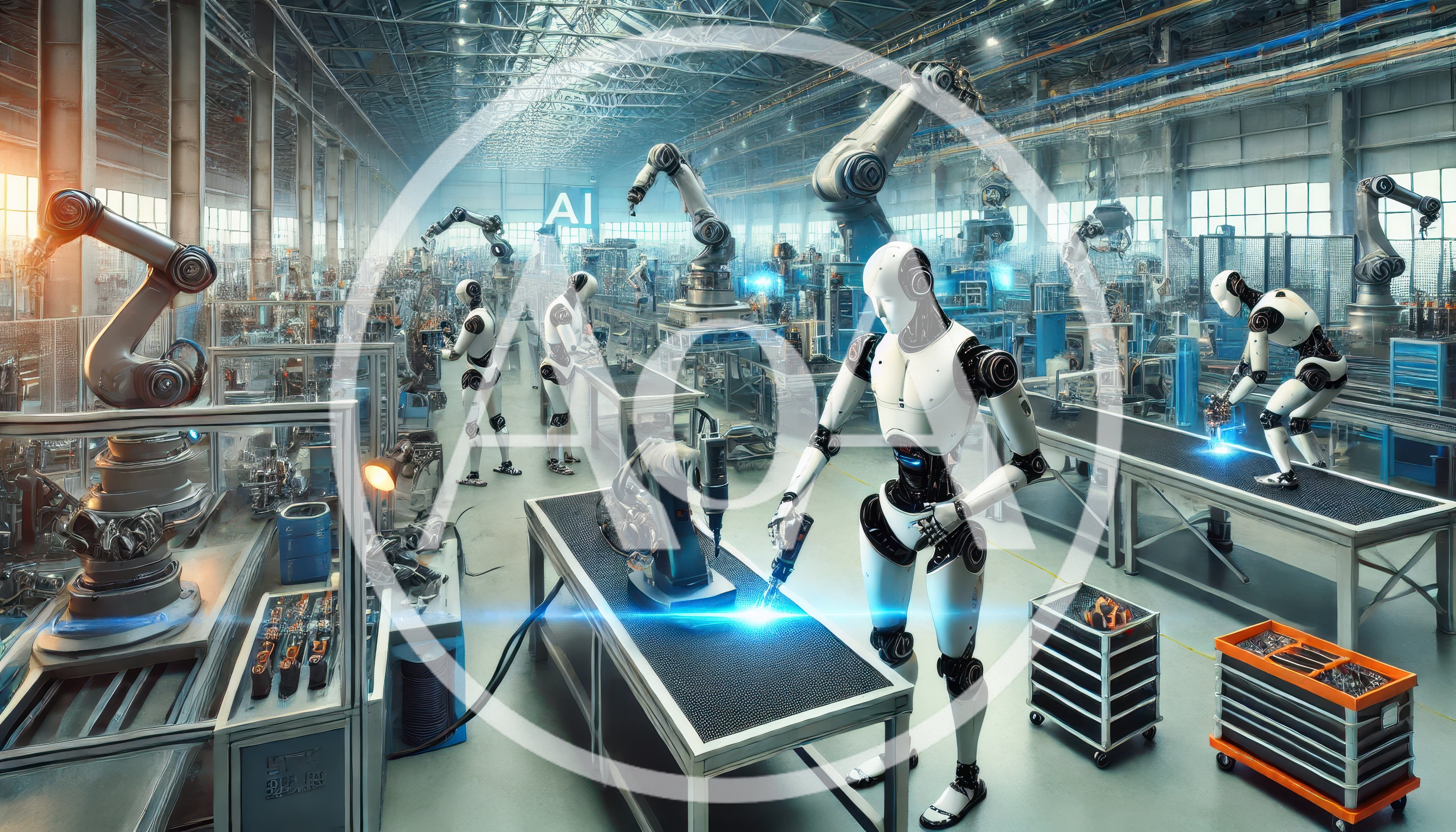 Humanoid Robots Working In Automated Industrial Factory
