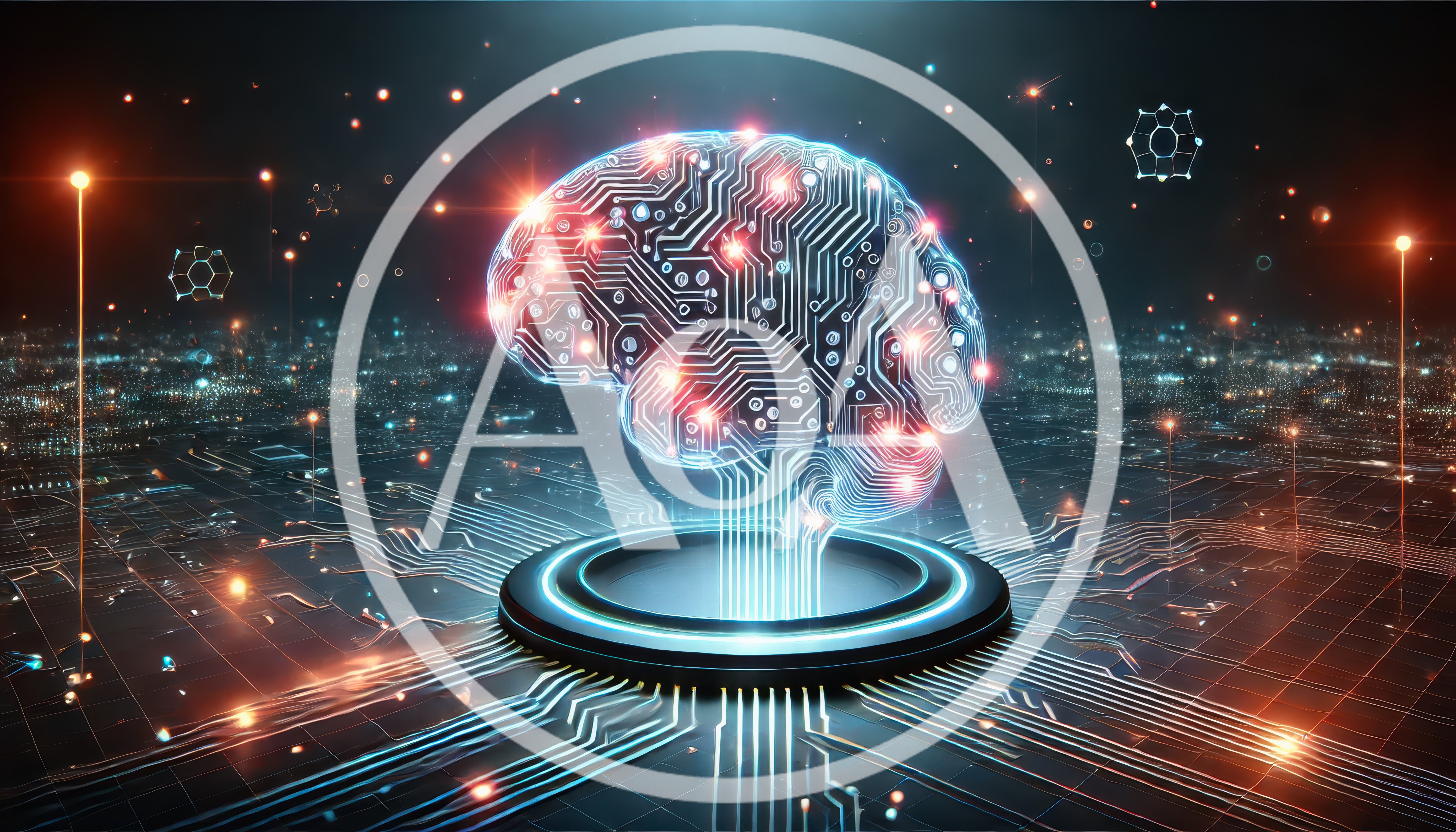 Digital Brain Circuitry Over Futuristic Cityscape