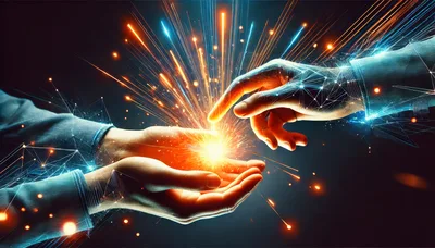 Digital Hands Connecting With Glowing Energy Sparks