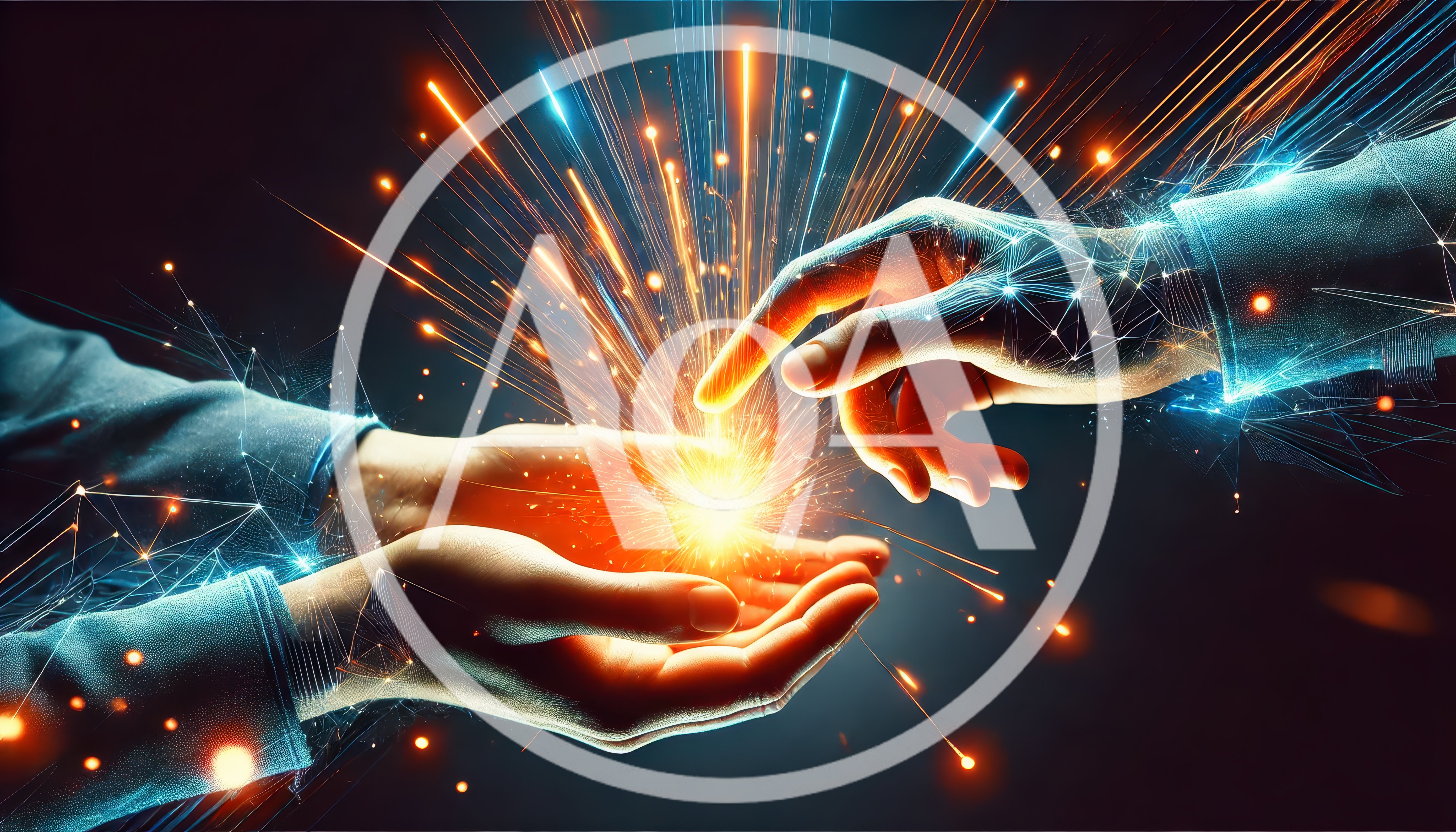 Digital Hands Connecting With Glowing Energy Sparks