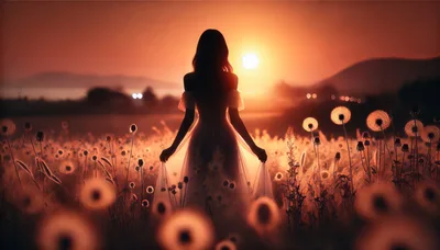 Silhouette Of A Woman Standing In A Dandelion Field
