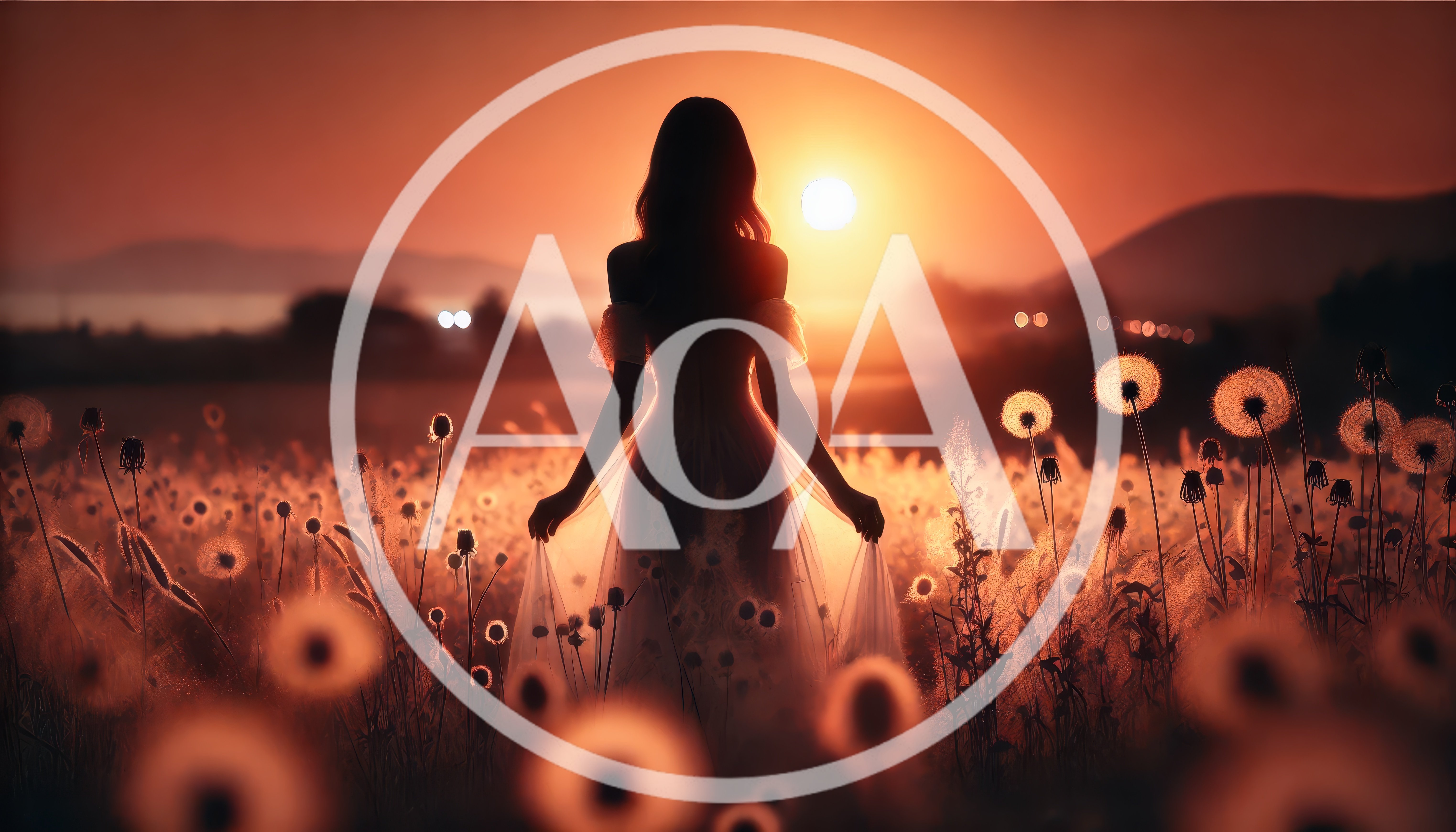 Silhouette Of A Woman Standing In A Dandelion Field