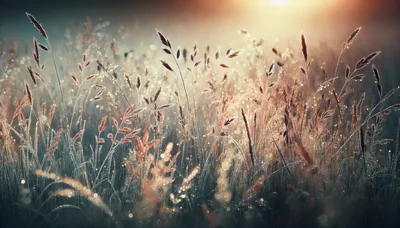 Dew Covered Grass Blades In Golden Morning Sunlight