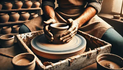 Potter Shaping Clay Vessel On A Spinning Wheel